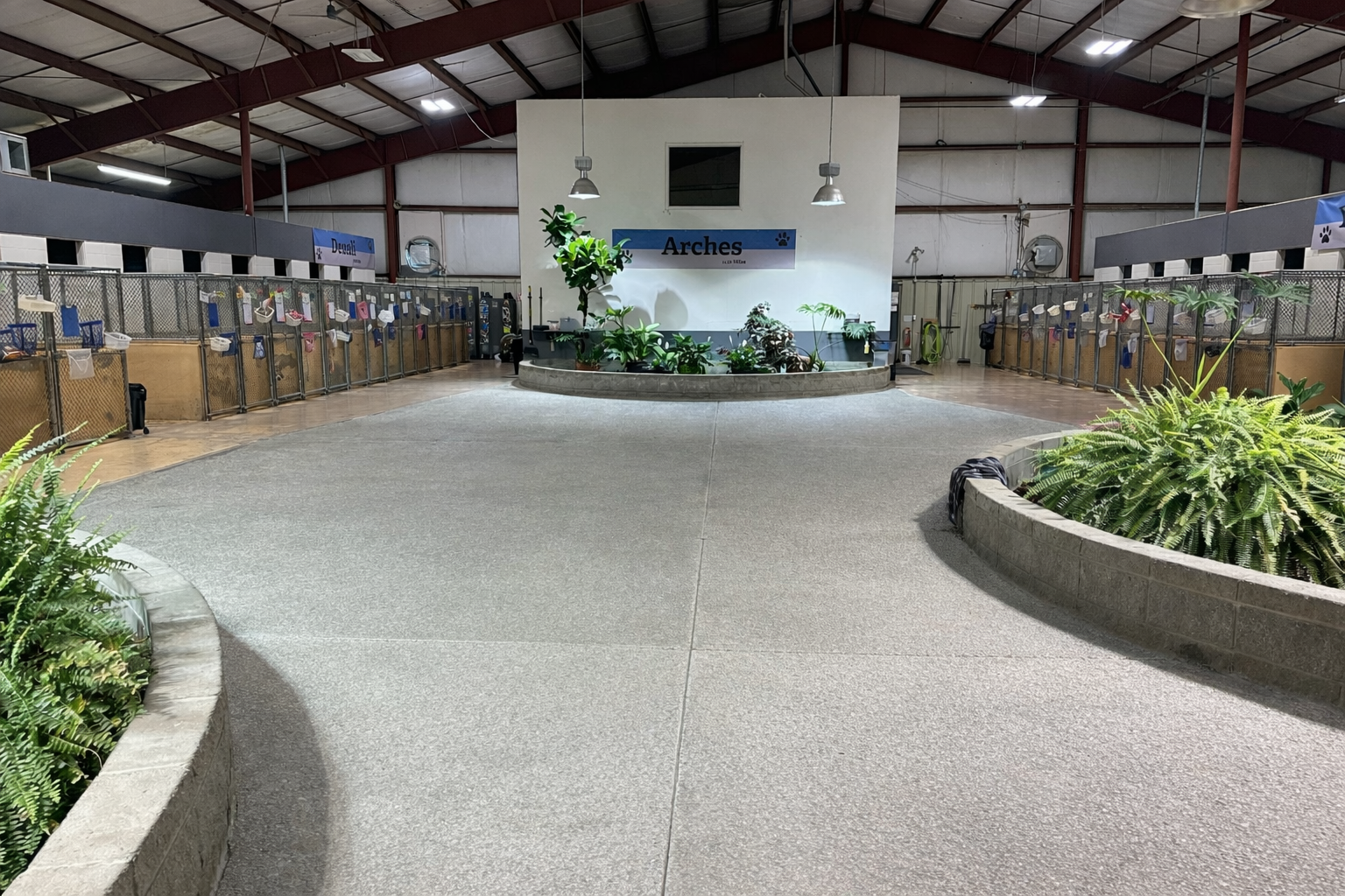 kennel Stalls and interior gardens at Petsburgh Pet Care in Lafayette, IN with lights on